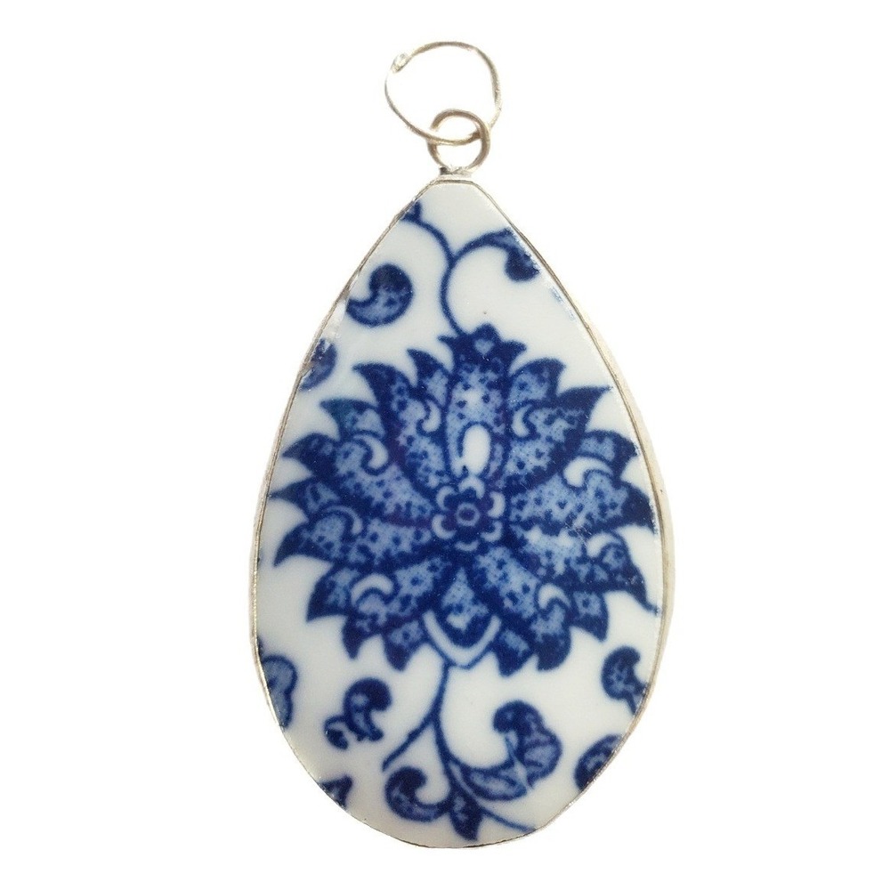 Blue and White Floral Porcelain Teardrop Pendant Chinoiserie Silver Tone Jewelry